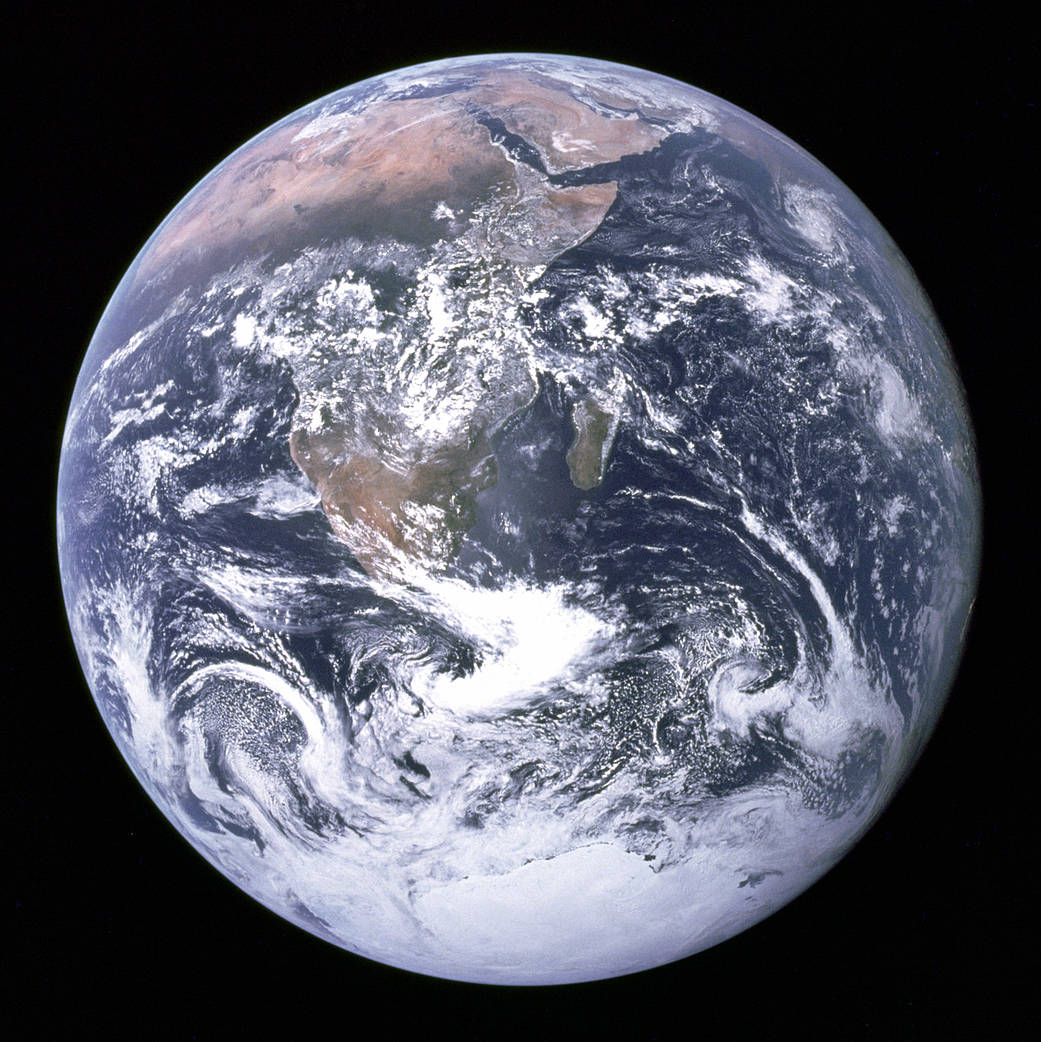 NASA Apollo 17 photograph of Earth, with Africa and white clouds against black space